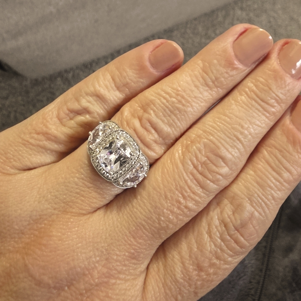 Sterling Silver Engagement 3 Stone Wedding Ring CZ Size 7.